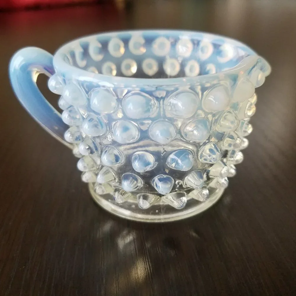 Fenton Glass Ombre Opalescent Hobnail Moonstone Mini Creamer Sugar Bowl Set